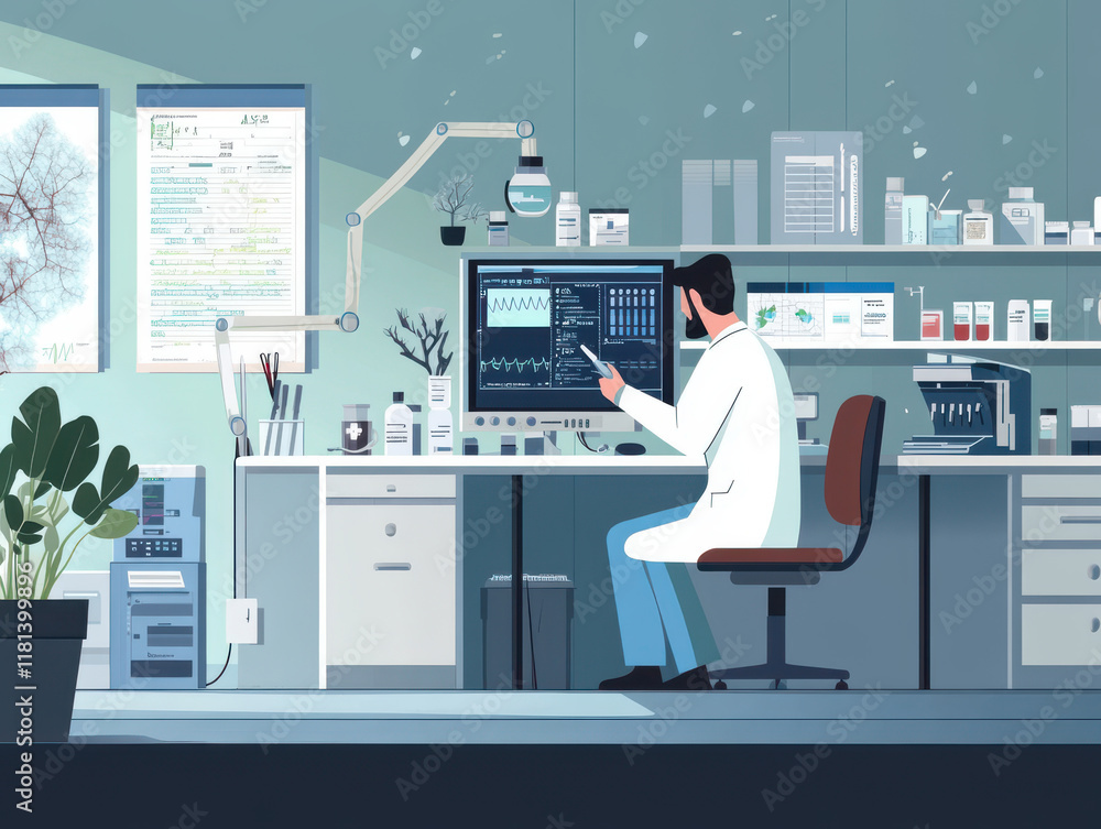 Poster medical research lab scene featuring doctor analyzing data computer. lab is equipped with various sc