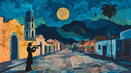 Nocturne A Collagist's Interpretation of a Nighttime Latin American Streetscape with a Trumpet Player.