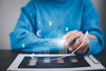 Concept of falling real estate market, down arrow and wooden house. The concept of falling property prices. Lower housing prices. Low rent, Decline in the value of the property. Low utility prices.