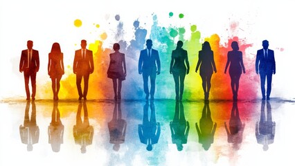 Colorful silhouettes of professionals walking in a vibrant background