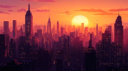 Fototapeta premium Sunset Metropolis: A fiery orange sun sets behind a sprawling cityscape, casting a warm glow on the skyscrapers.