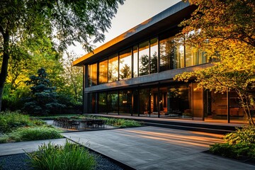 modern house of simple, clean lines, with two floors and large windows.