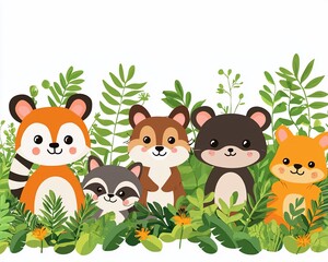 Naklejka premium Cute cartoon animals in lush greenery.