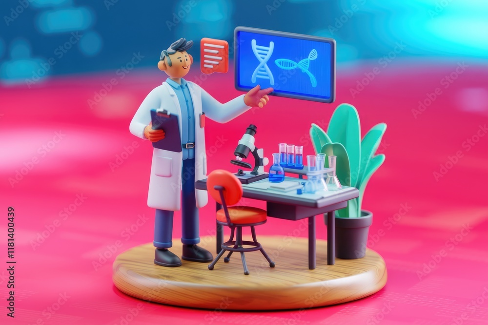 Poster A 3D cartoon scientist explaining DNA structure in a lab setting.