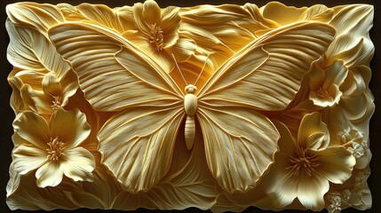 Golden Butterfly: Intricate Floral Sculpture, Nature's Elegance in Gold Relief, Detailed Wings and Yellow Flowers, Artistic Masterpiece