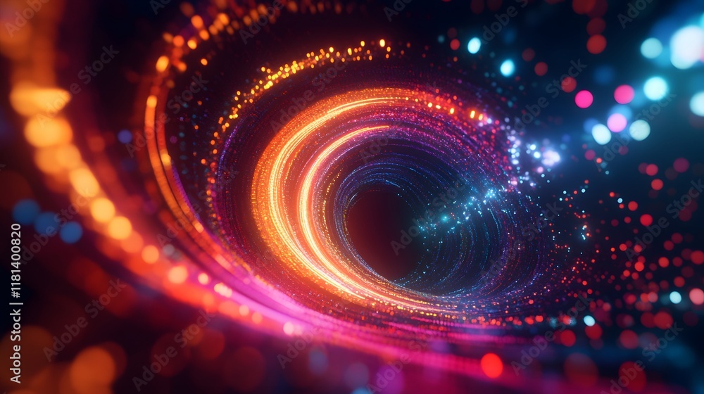 Poster vibrant abstract swirl, dynamic colorful patterns with glowing lights, perfect for tech or creative 