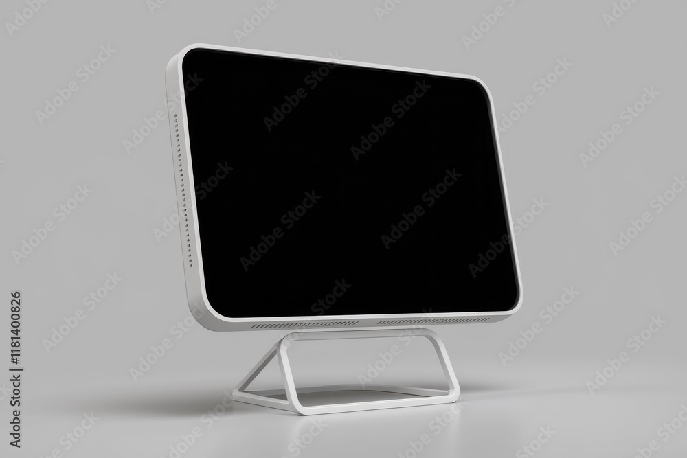 Poster White desktop computer with black screen and a simple stand.