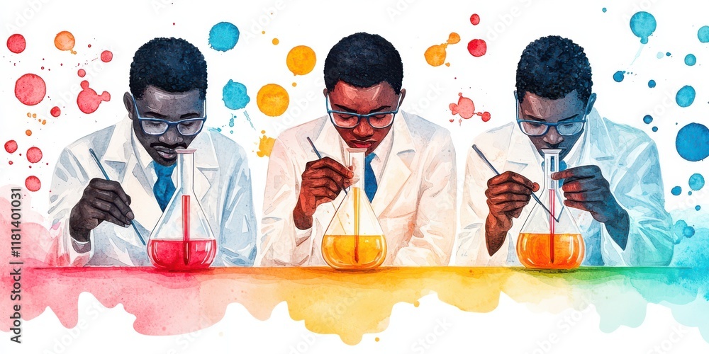 Poster three scientists mixing colorful solutions in a laboratory setting.