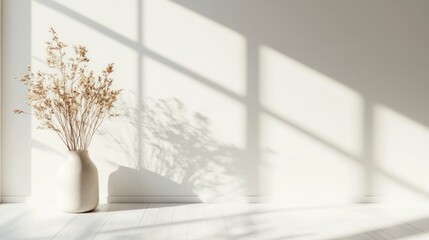 Dried flowers vase, sunlit room, white wall, minimalist decor, interior design
