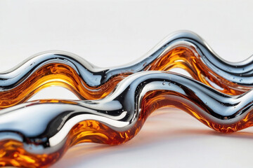 3D render holographic chrome Y2K element. Liquid chrome, vintage element. Two long, curvy shapes made of glass, one of which is orange and the other silver.
