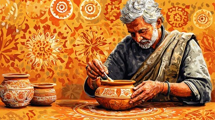 Fototapeta premium Skilled Potter Shaping Clay Pot with Traditional Designs in Vibrant Orange Setting.