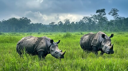 Obraz premium Majestic Rhinos in Lush Grassland