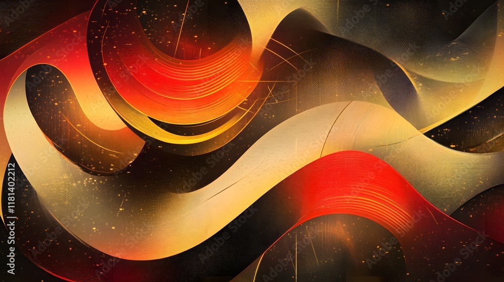 Poster colorful red and white background with ribbons and wave pattern design