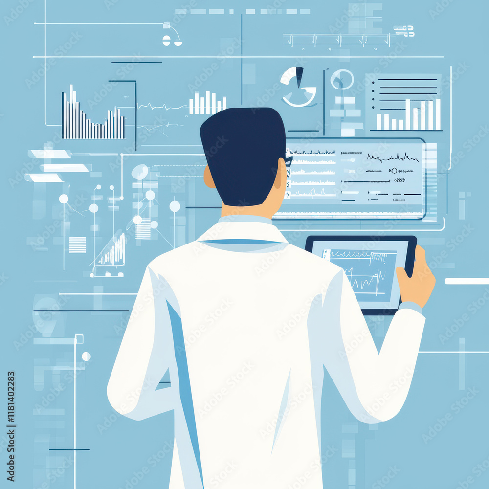 Poster healthcare provider analyzing medical data on tablet, surrounded by digital graphs and charts. scene
