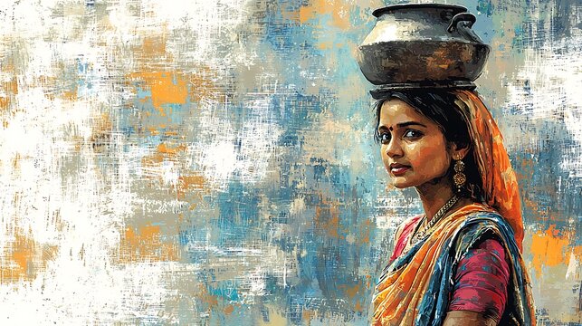 A stylized portrait of a young woman in traditional Indian attire, carrying a pot on her head against an abstract textured background.