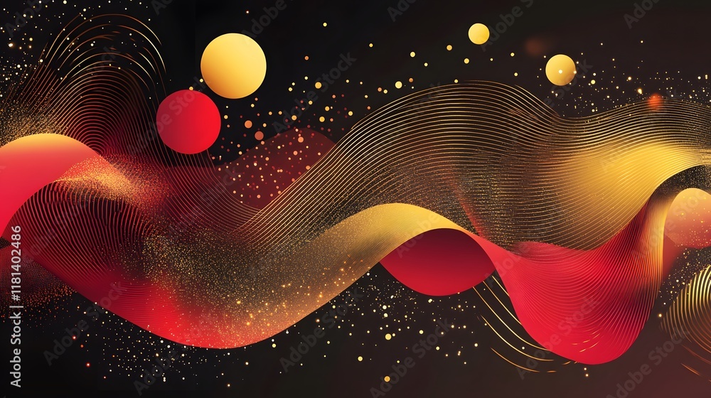 Poster colorful red and white background with ribbons and wave pattern design