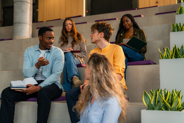 University students sharing ideas and discussing projects in modern lecture hall