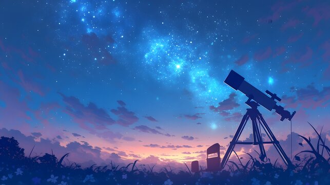 Starry night observation with a telescope under the vast cosmos filled with stars and a bright moon in a serene environment.