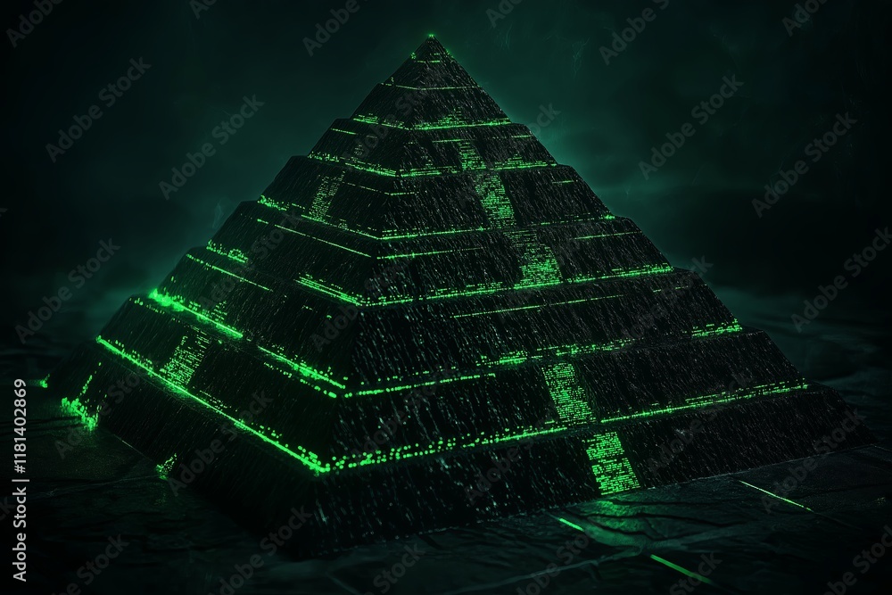 Poster a fractal pyramid with glowing edges, each layer revealing smaller pyramids