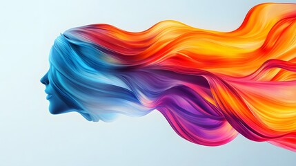 Fototapeta premium Vibrant abstract hair flow, colorful strands of blue and orange creating a dynamic silhouette, ideal for creativity themes.