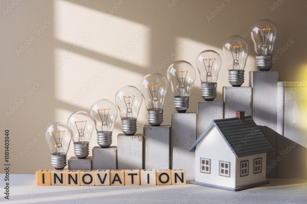 Poster light bulbs arranged on a staircase symbolizing innovation and growth.