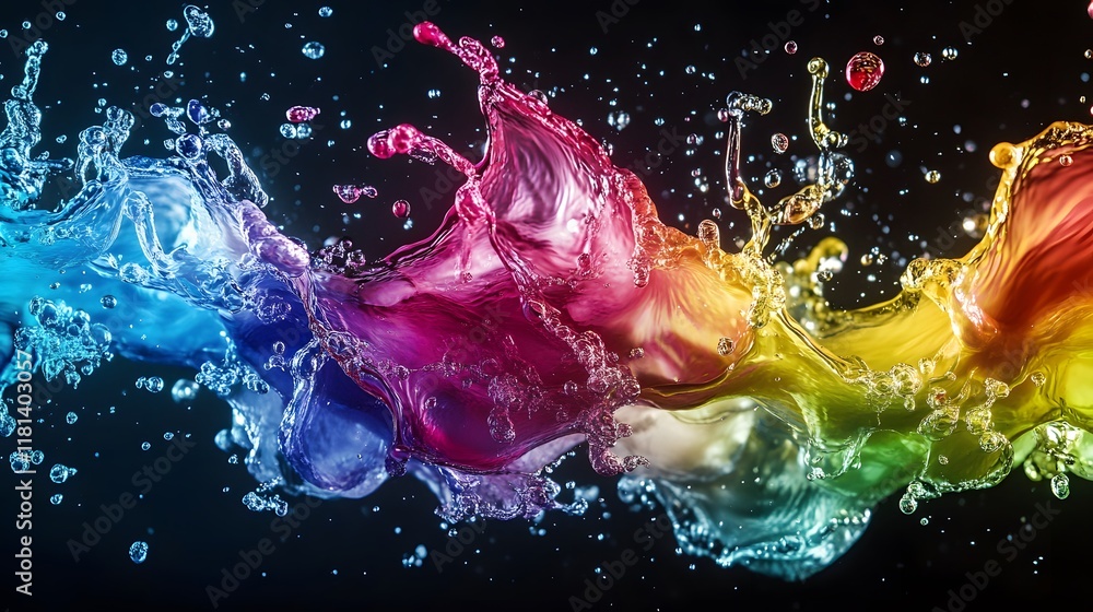 Poster colorful ink splashes blending, vibrant hues creating a dynamic abstract wave, perfect for backgroun