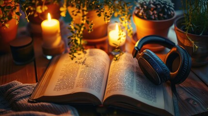 An open book with headphones resting on it