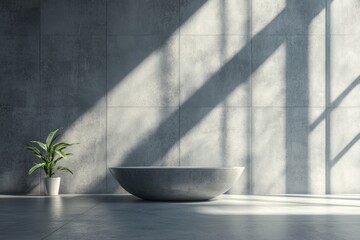 Modern minimalist bathroom with concrete bathtub and plant