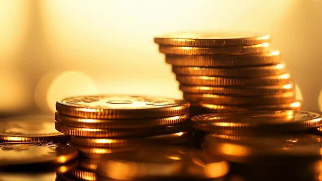 A close-up of stacked coins in warm golden light, symbolizing wealth and prosperity. Shimmering currency backdrop, financial growth concept, 4K video.