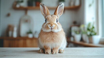 Adorable fluffy brown bunny rabbit sitting on a kitchen table, looking directly at the camera.
