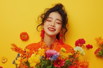 Fototapeta premium Young East Asian woman with a blissful smile holding vibrant flowers against a yellow backdrop
