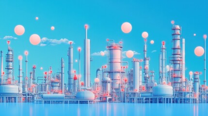 Obraz premium A chemical plant with towering equipment, set on a sky blue background