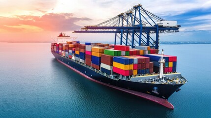 Fototapeta premium Global Trade Dynamics tariffs concept. A large container ship loaded with colorful cargo containers sails under a vibrant sunset, showcasing maritime transport and trade.