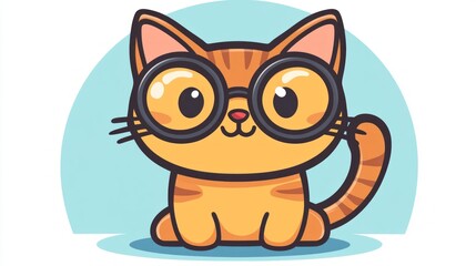 Obraz premium A cheerful cat adorned with oversized round glasses sits happily, radiating charm and warmth in an inviting indoor space filled with soft colors and cozy vibes