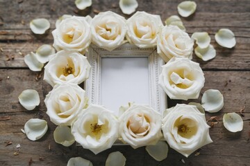 White roses surrounding a white frame on a wooden background.