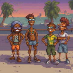 Pixel art depicting a group enjoying a beach day
