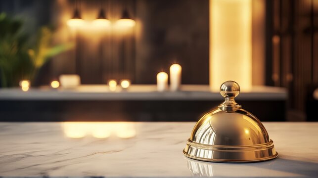 Shiny golden service bell resting on a marble reception desk in a warm, softly lit hotel lobby, embodying luxury and personalized guest experience