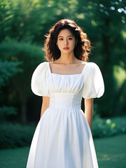 portrait of a beautiful girl in a white dress on a green background