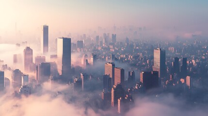 Fototapeta premium Stunning aerial view of a city skyline emerging from fog, with modern skyscrapers under a clear blue sky