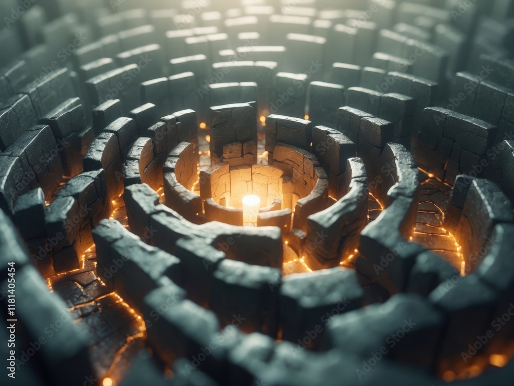 Poster exploring the intricate design of a stone labyrinth illuminated by soft light, evoking themes of obs