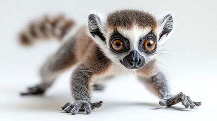 Fototapeta premium Adorable ring-tailed lemur baby on white background.