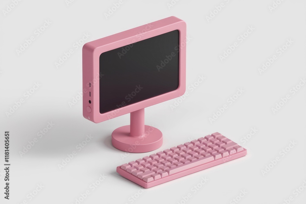Aufkleber pink computer monitor and keyboard on white background