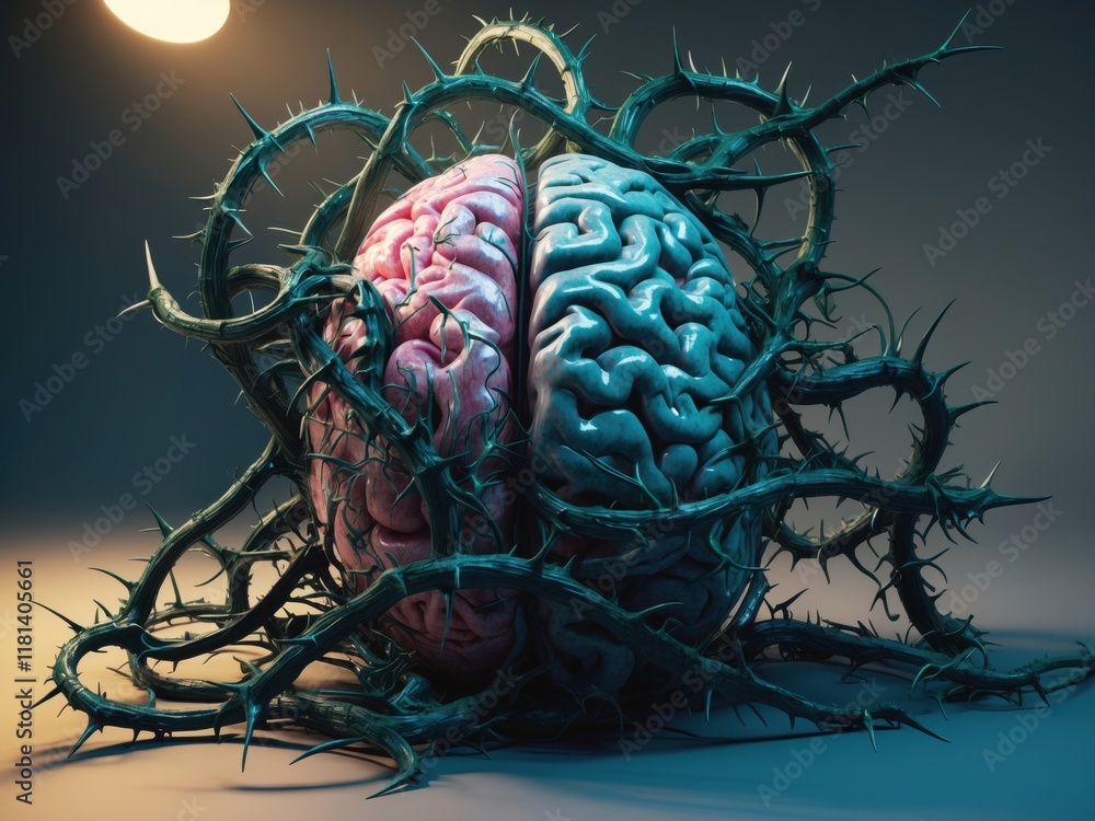 Aufkleber representation of obsessive compulsive disorder with a split brain trapped in thorny vines highlight