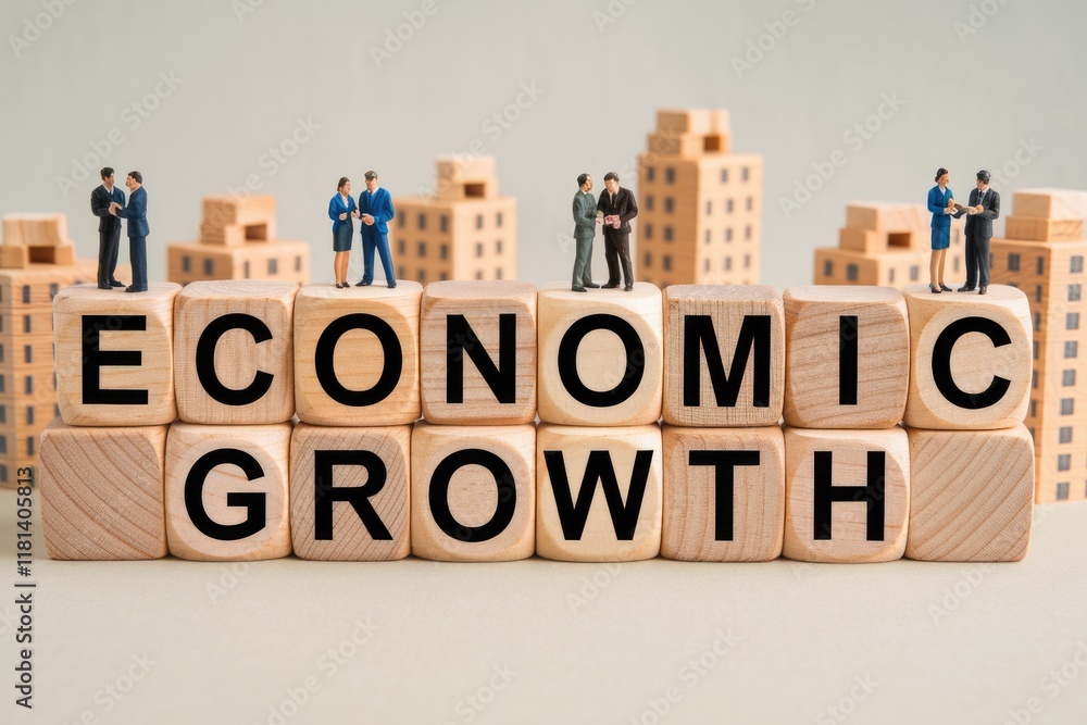 Poster miniature figures on blocks symbolize 'economic growth' and progress.