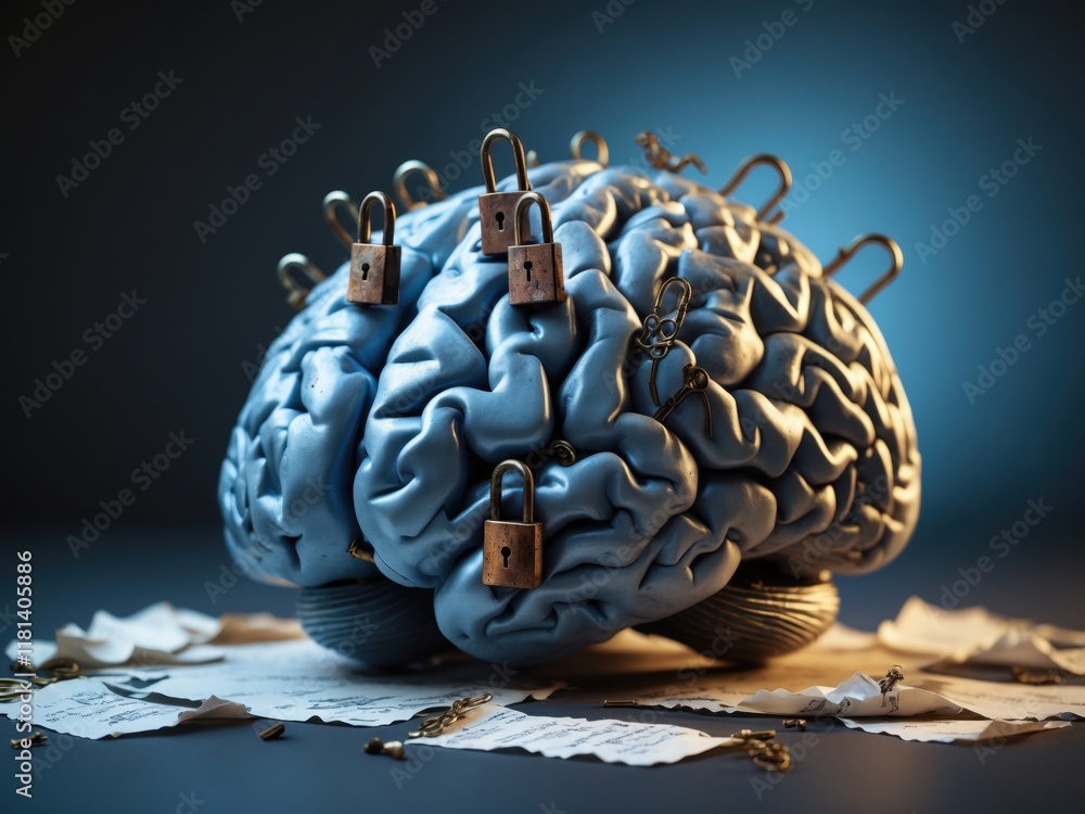 Poster representation of obsessive compulsive disorder illustrated through a brain model with locks and sca
