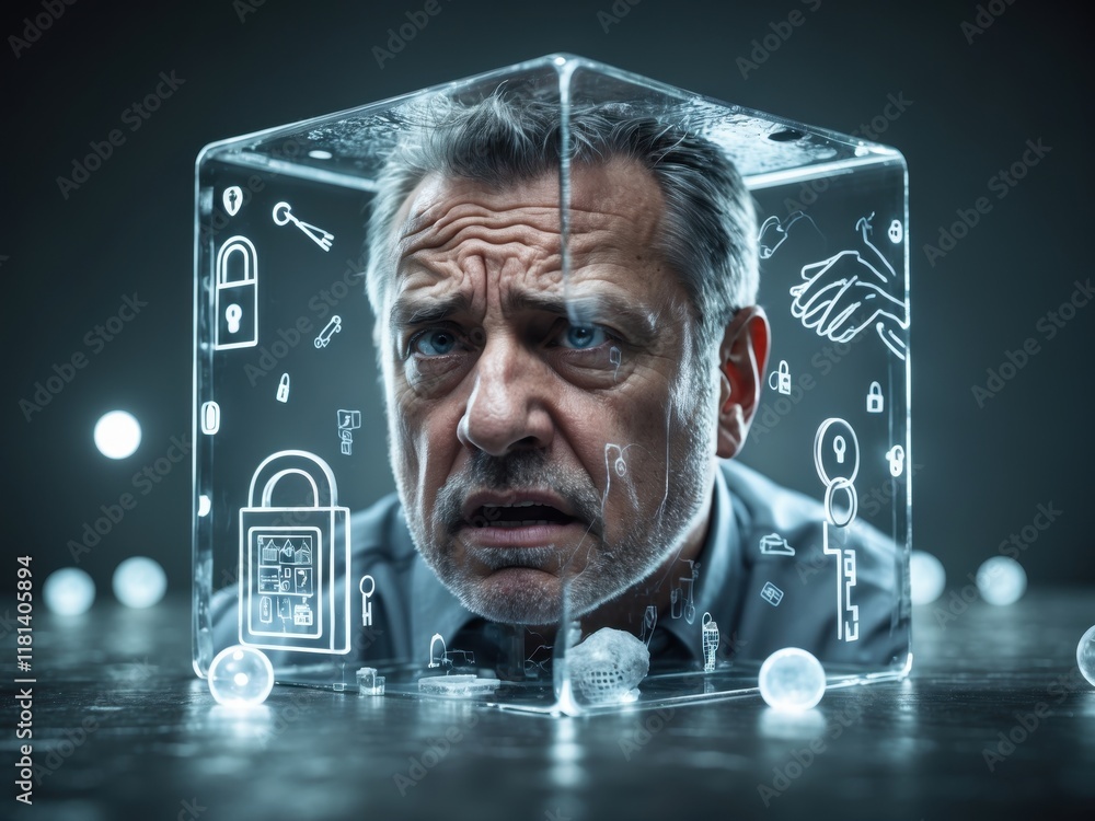 Poster man trapped in a transparent box symbolizing the struggles of obsessive compulsive disorder in a dar
