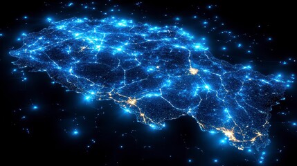 Fototapeta premium Glowing map of a country at night, showing infrastructure and population density.