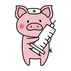 大きな注射器を持っているナースキャップをかぶったぶた