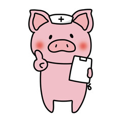 ナースキャップをかぶってアドバイスするぶた