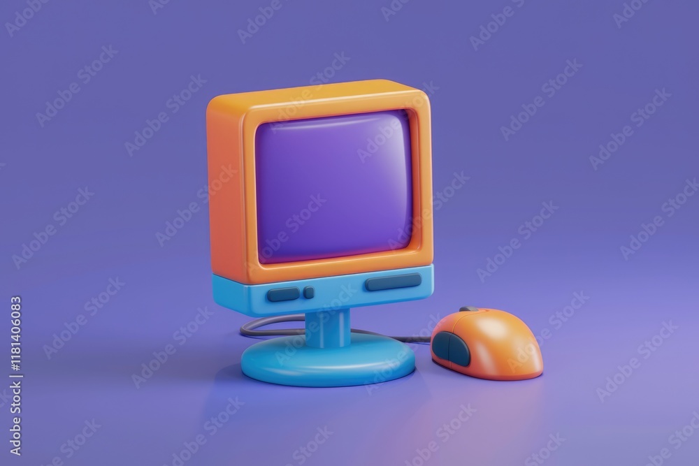 Poster a cartoon 3d computer with a mouse on a purple background